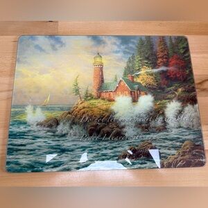 Thomas Kinkade Lighthouse Tempered Glass Cutting Board 12”x16”. Seaside Scene.